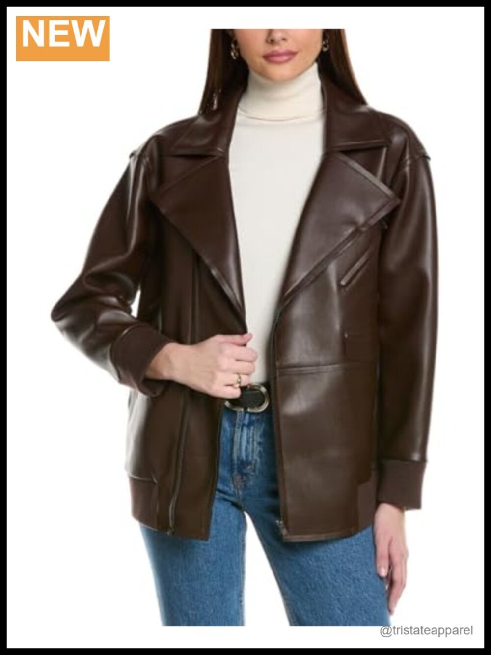 Vegan Leather Oversized Raw Edge Moto Jacket Women's Long Sleeve Zip